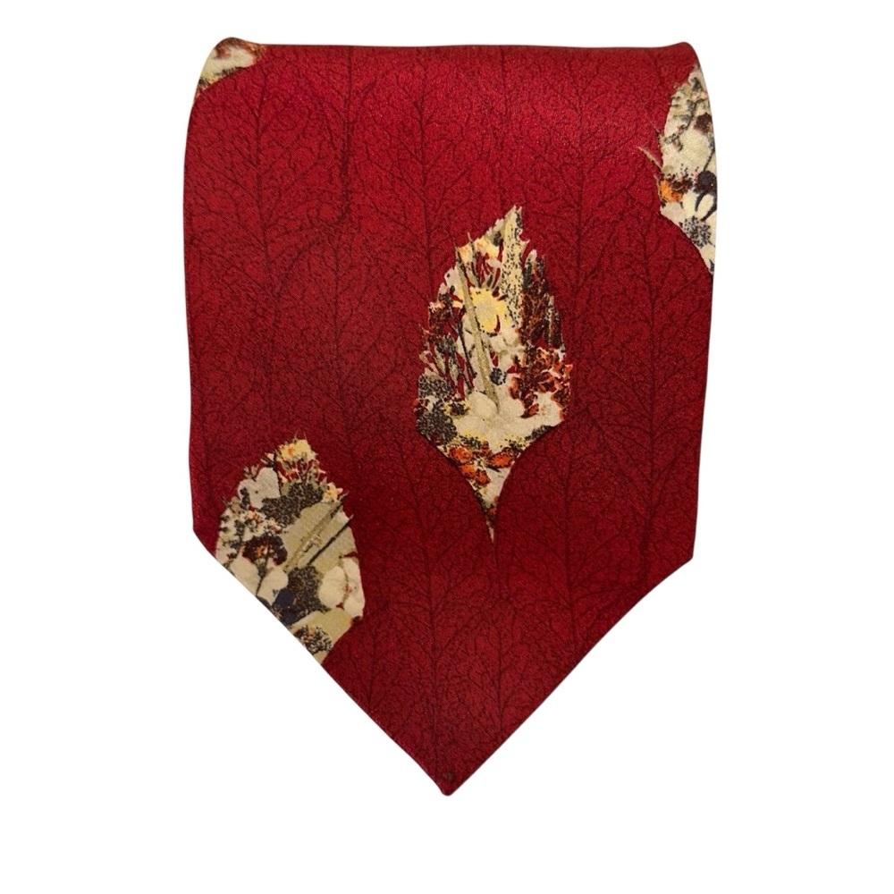 Vtg Valentino Cravatte Mens Tie Silk Deep Red Leaves Handmade Italy 58x3.5”